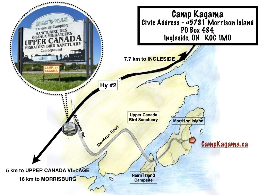 Map of Morrison Island and surrounding area showing location of Camp Kagama with address and directions, including distances to Ingleside and Morrisburg towns. Landmarks include Upper Canada Bird Sanctuary, Morrison Island, Nairn Island Campsite, and roads like Aut sideville Road and Morrison Road.