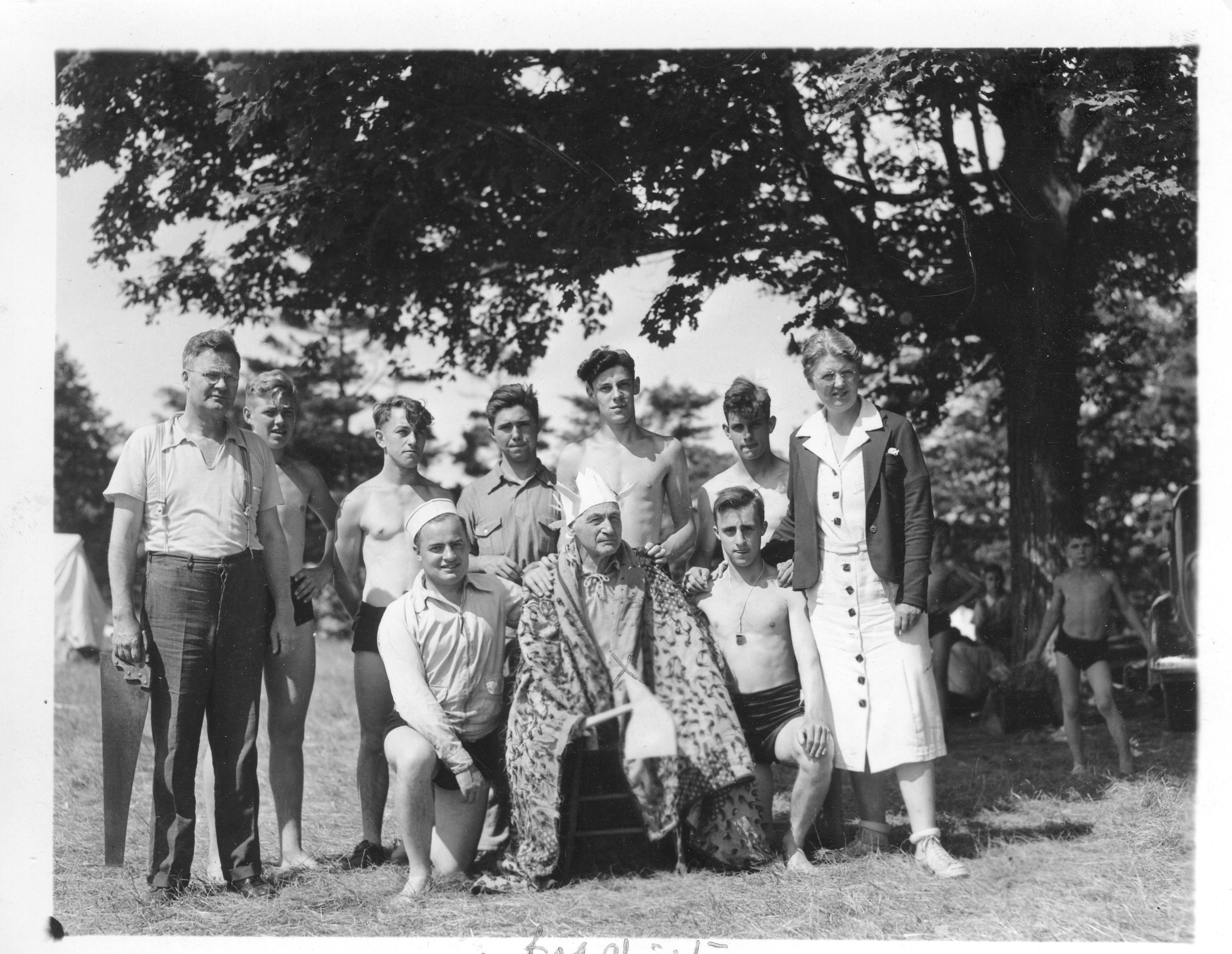 Some of the leaders at another early camp. Rev. Lambert is on the far left; Rev. McLaren in the middle in the front row and the lady was the cook (possibly Mrs. Riley).