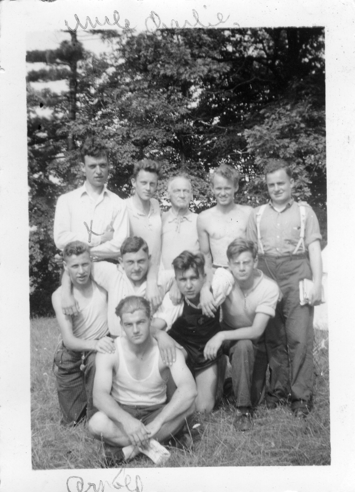 1940s boys' camp leaders. (in back row (L-R) Charles Dawes, Unknown, Rev. McLaren, Unknown, Percy Lambert. The remaining are also unknown.