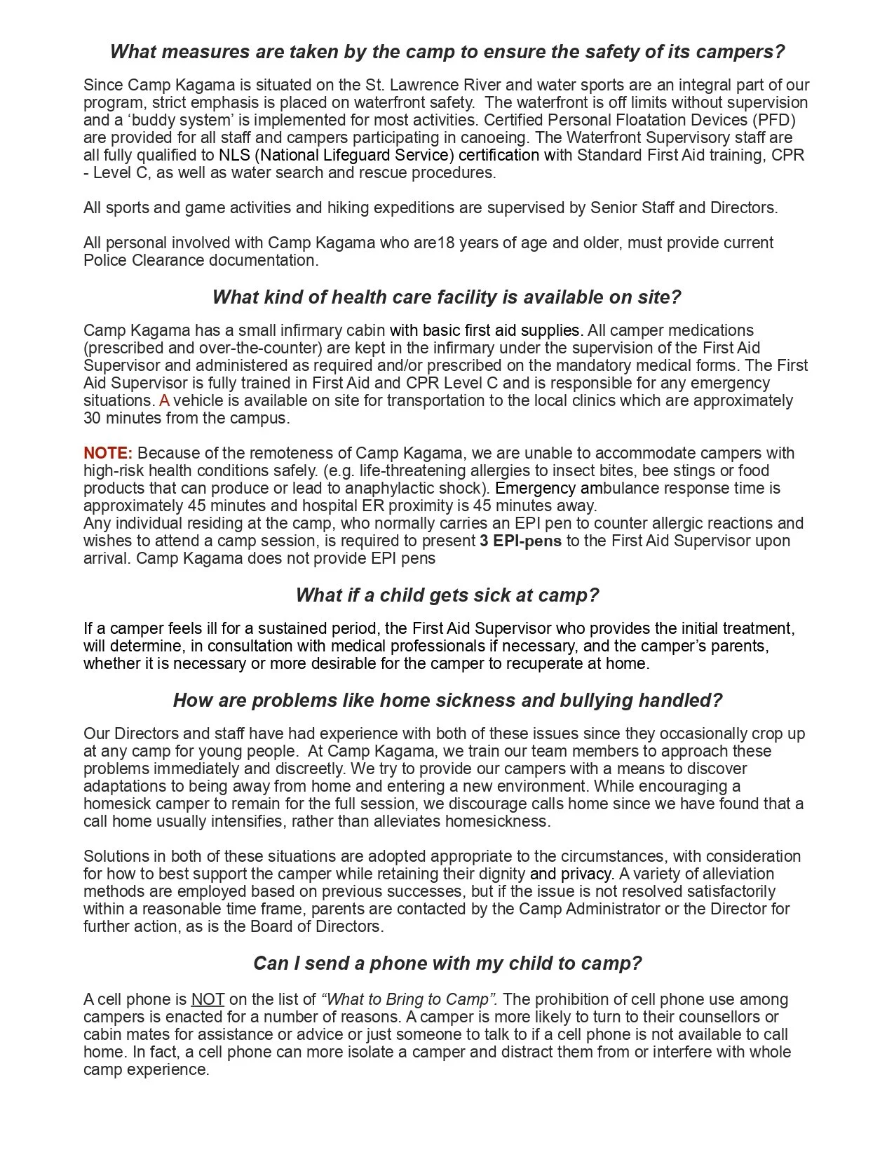 A document detailing safety measures and procedures for campers at Camp Kagama, including water safety, health care, sick child protocols, bullying prevention, and cellphone use policies.