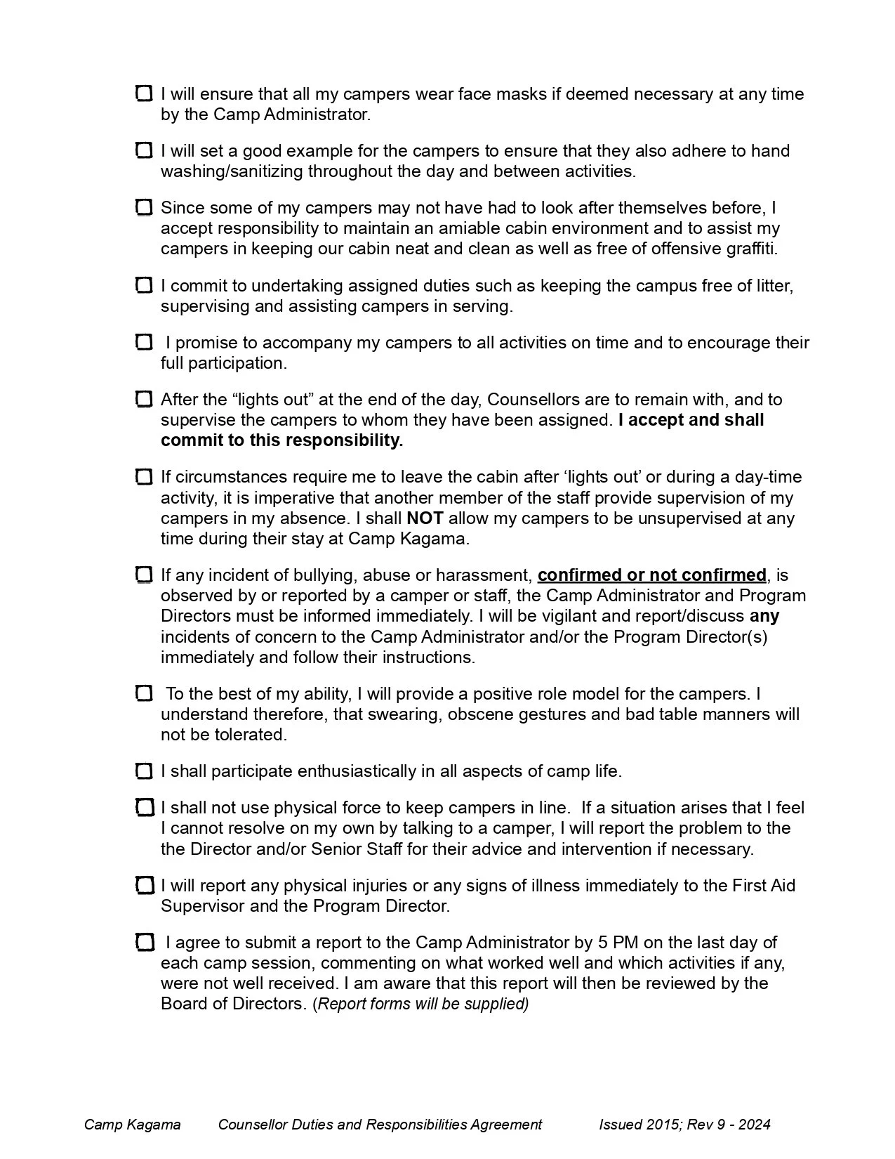 Camp Kagama counselor duties and responsibilities agreement form with checkboxes for various responsibilities, including wear masks, ensuring cleanliness, supervising campers, and reporting incidents.