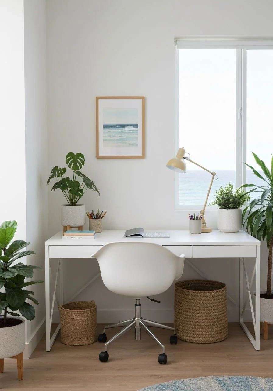 Minimalist white home office with a white desk, chair, plants, a desk lamp, and a view outside the window.