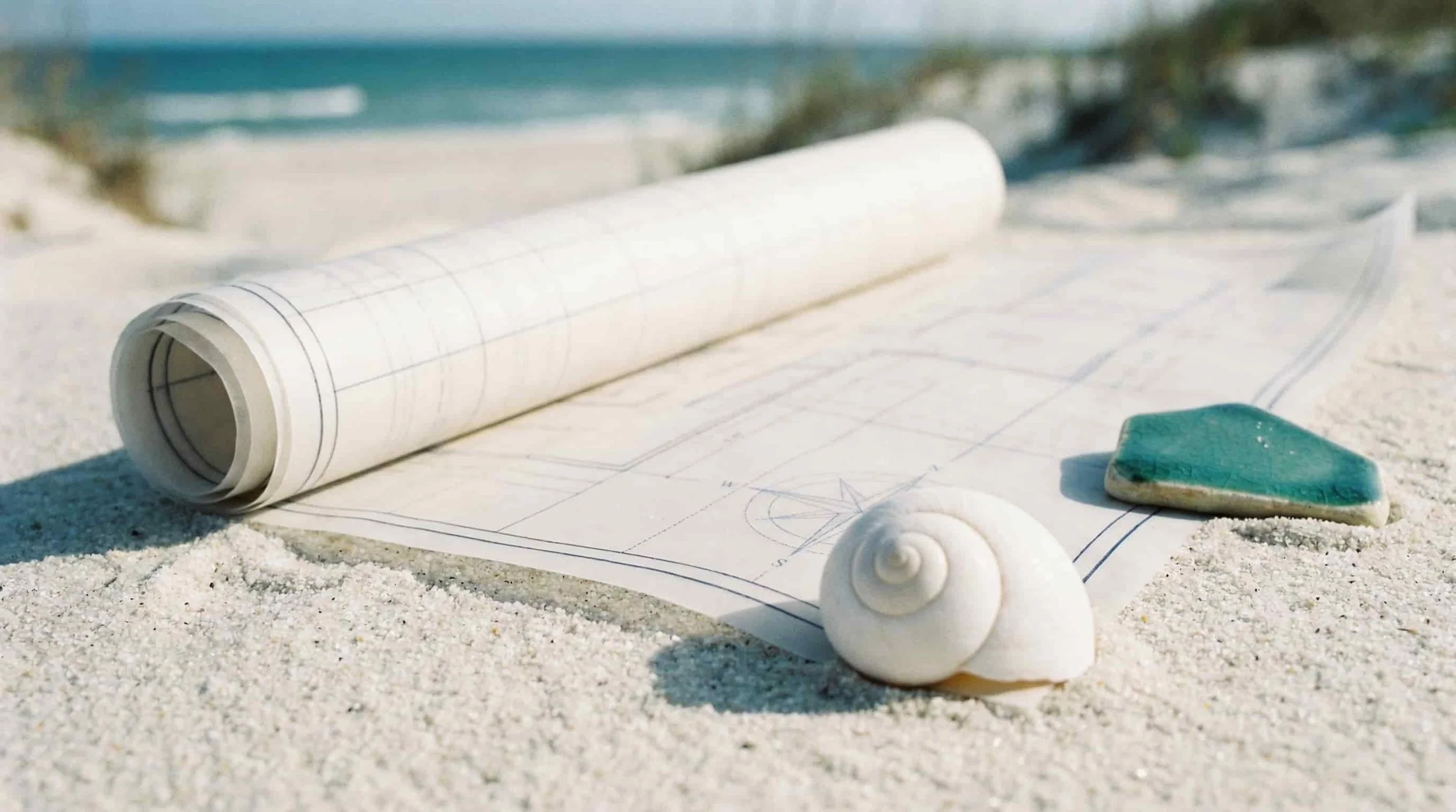 Blueprint, shell, and stone on sandy beach near the ocean.