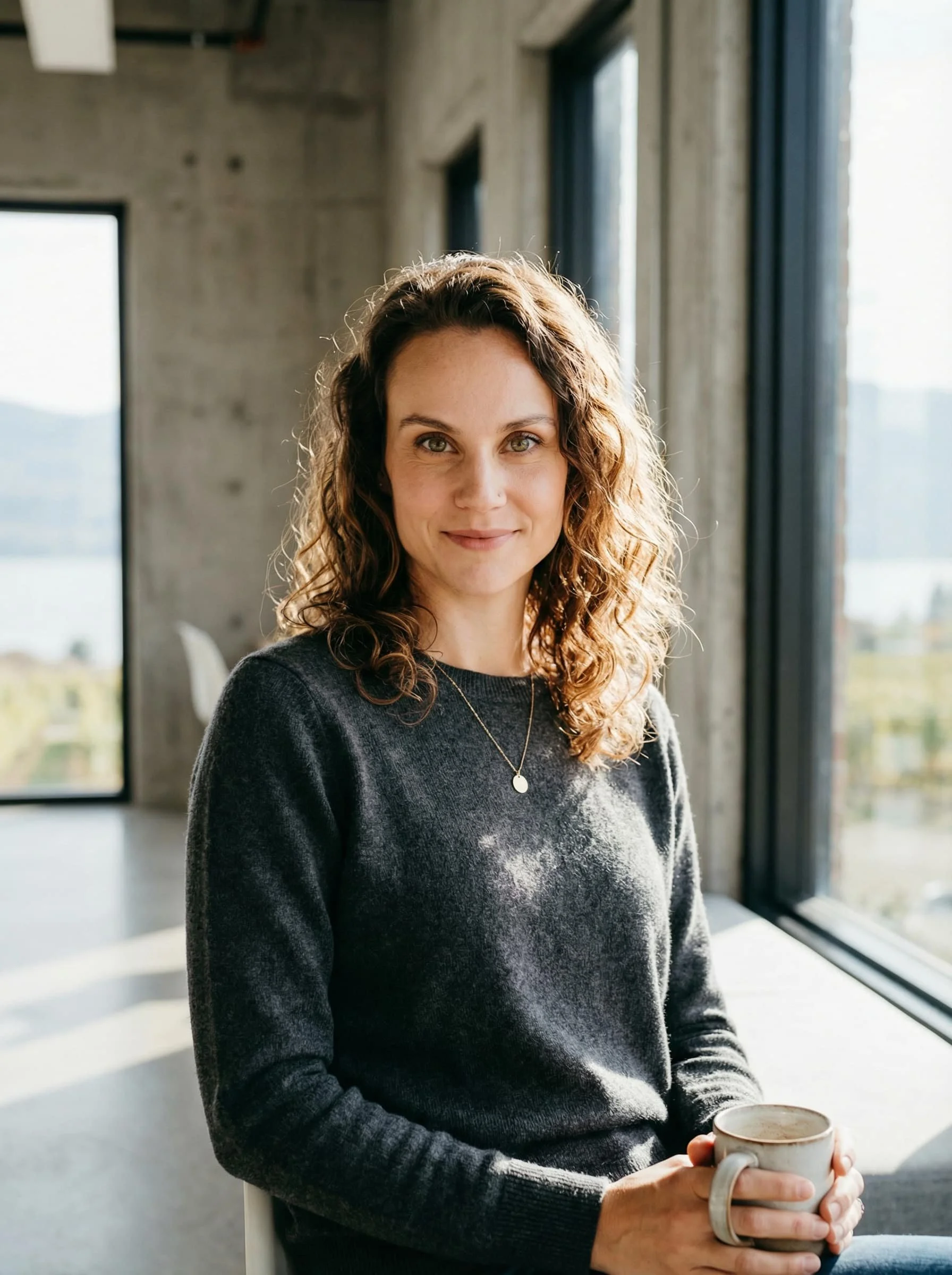 A woman with curly brown hair and light skin holding a beige mug, sitting by large windows in an industrial-style space with concrete walls, natural light streaming in.
