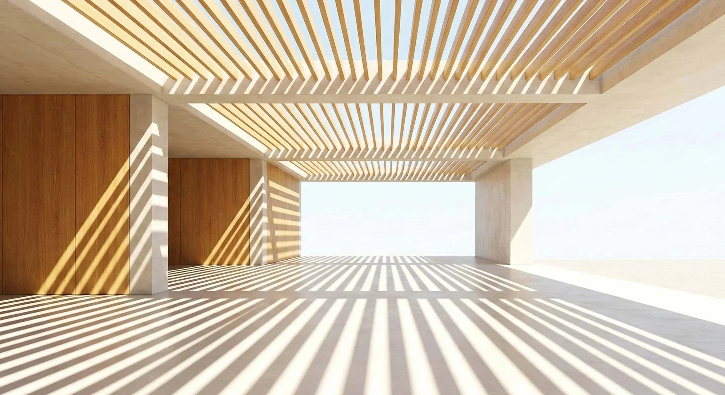 Sunlight creates striped shadows on a modern architectural structure with wooden panels, concrete supports, and an open sky overhead.