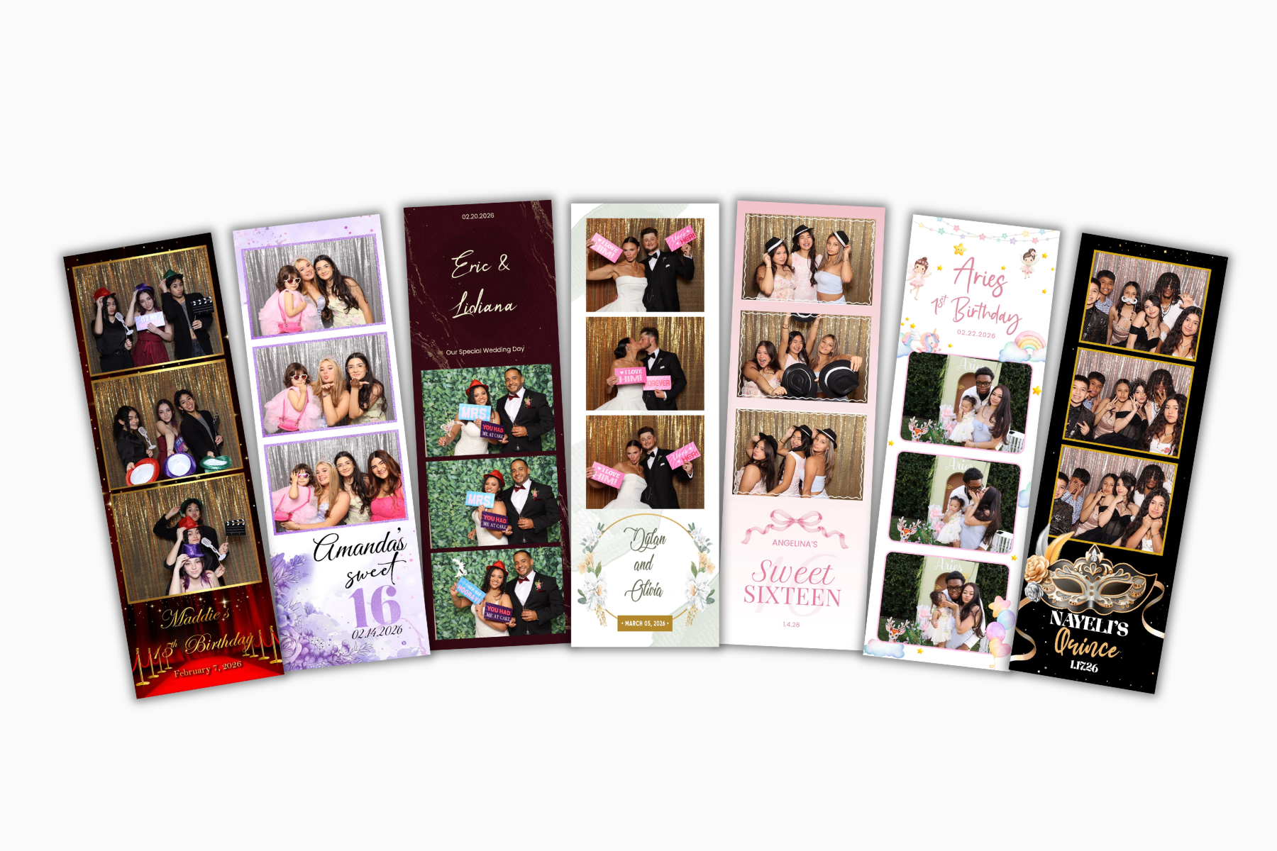 Collection of seven photo strip prints from various events, including birthdays, weddings, and quinceañeras, featuring groups of young people posing with props and friends against glittery and decorative backgrounds.