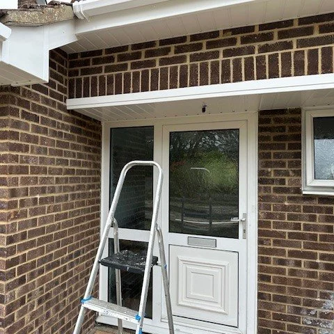 close up image of new fascia and soffits fitted to the porch of the bungalow
