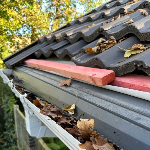 Showing roofline in Christchurch Dorset with tiles removed on the roofline to fit a bird guard system