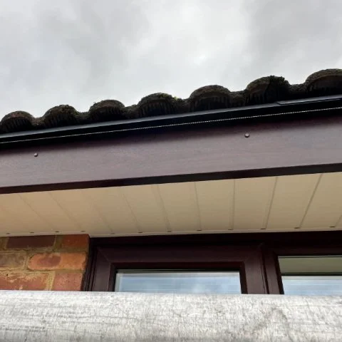 Image shows a close up of new Rosewood UPVC fascias, white UPVC tongue and groove soffits and bird guard system in Poole, Dorset