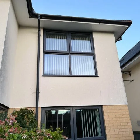 Showing back of a detached property in Poole with UPVC black round guttering and black round downpipe