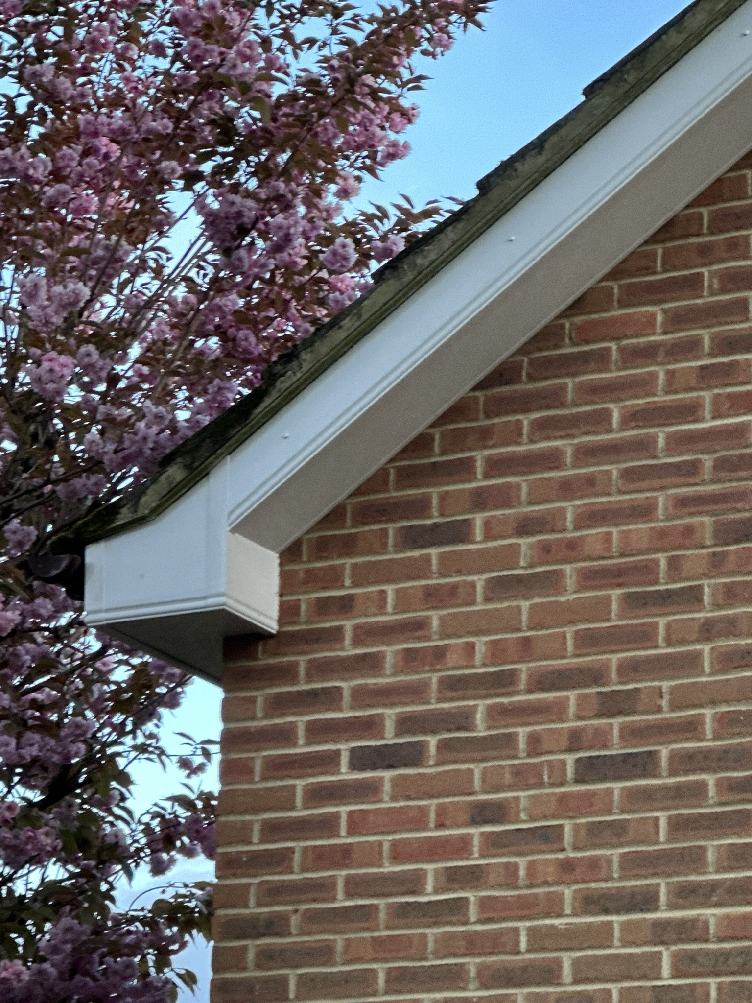 Gable end fitted with Ogee one piece box end and White UPVC Bargeboards and flat soffits