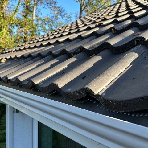 Image shows new roofline in Christchurch Dorset with birdcomb bird guard system fitted under tiles