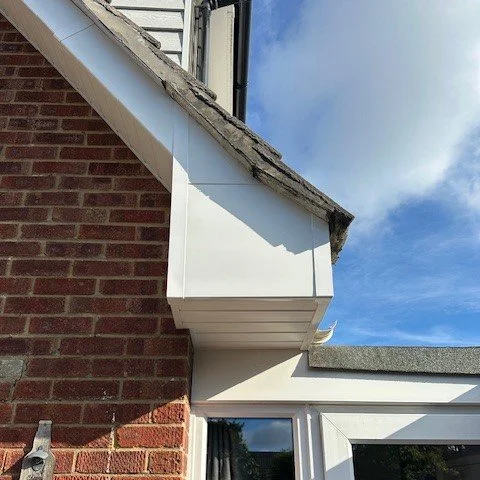 close up of a UPVC box end section of the UPVC bargeboards