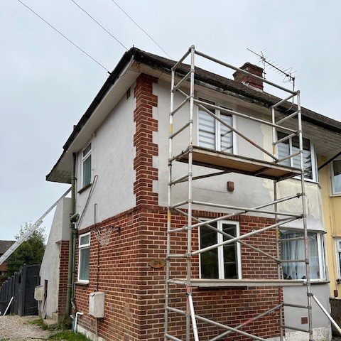 image showing our scaffolding set up to paint the property and fit new fascias and guttering 
