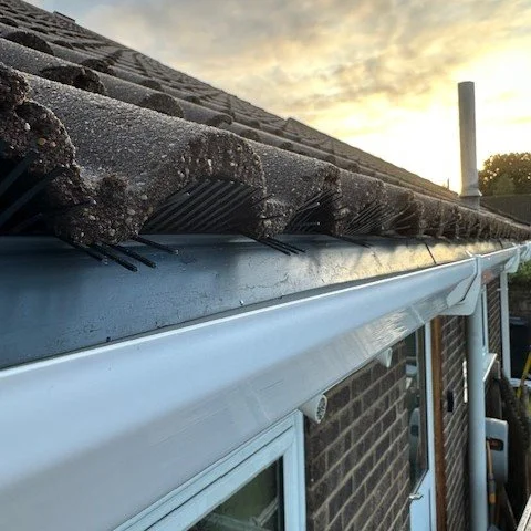 close up showing white square guttering and bird guards fitted under the tiles