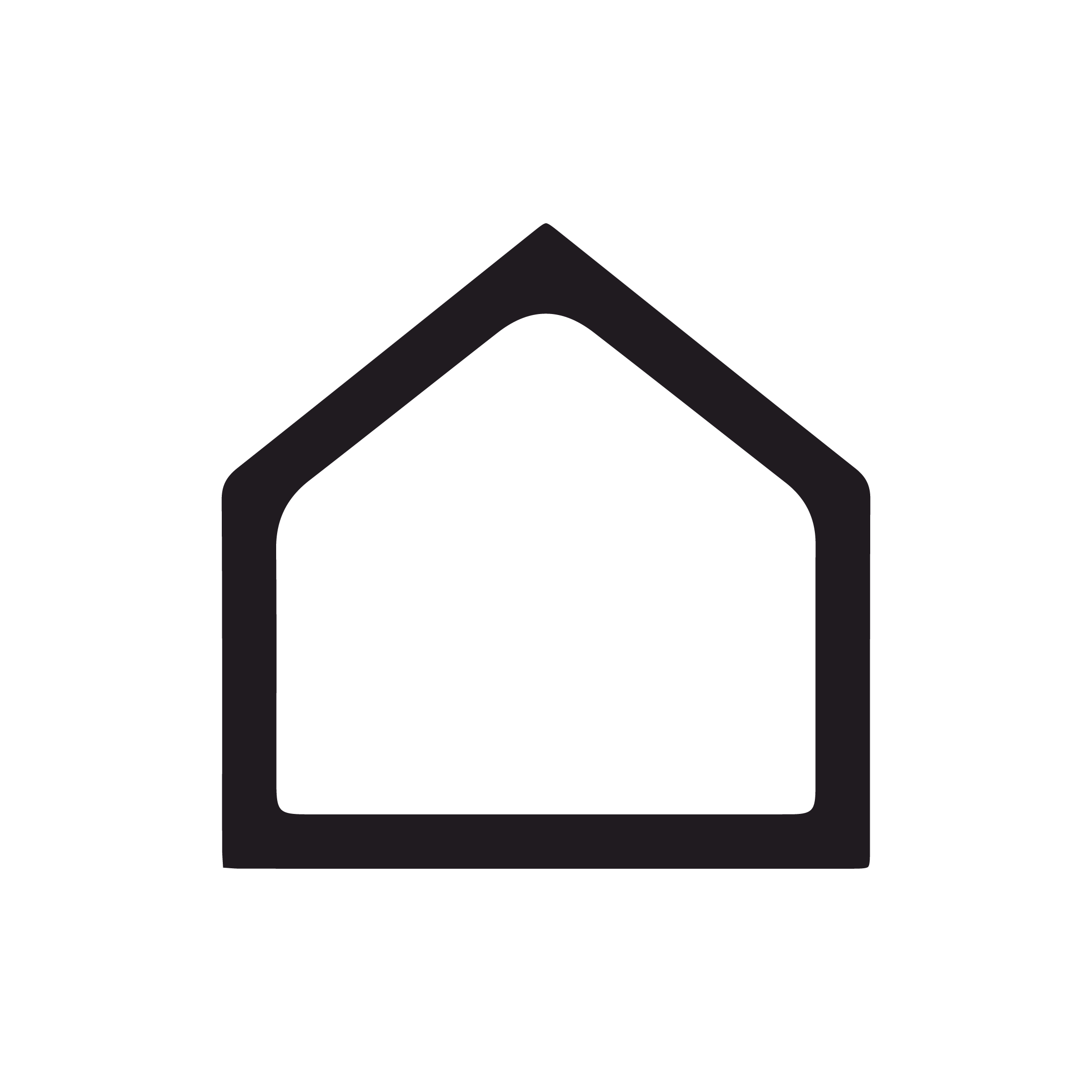 Outline of a house with a pitched roof and a door in the center