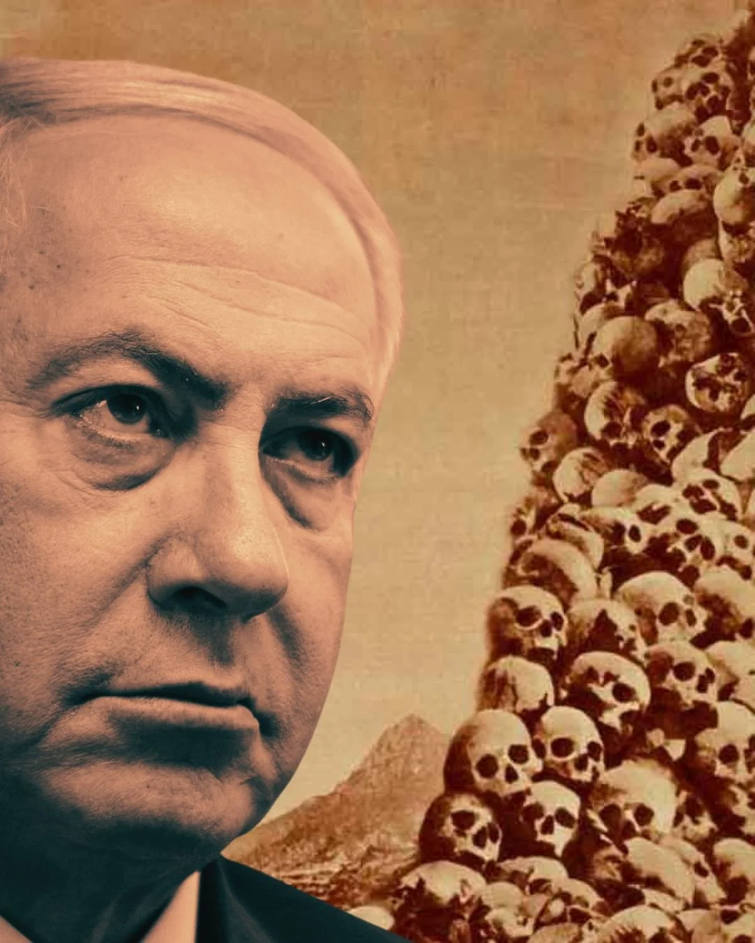 Close-up of a man with gray hair and a serious expression, set against a background of stacked skulls and desert mountains.