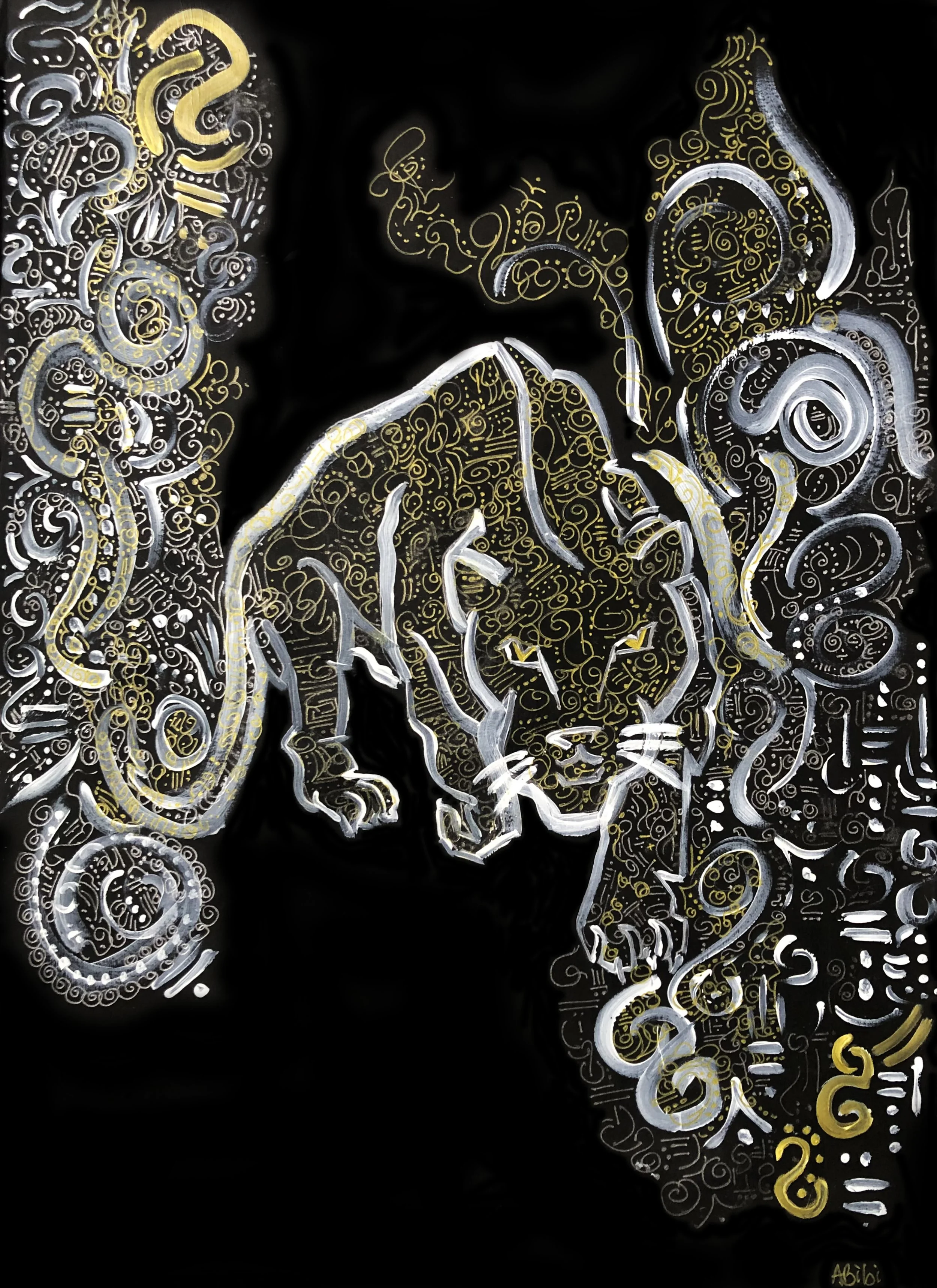 Ithaasi, Spirit of the Jaguar 2024 ©
420mm by 297mm approx, (A3) Paper Portrait, Eco Acrylics, Metallic Paint Pens, Digitalised Image