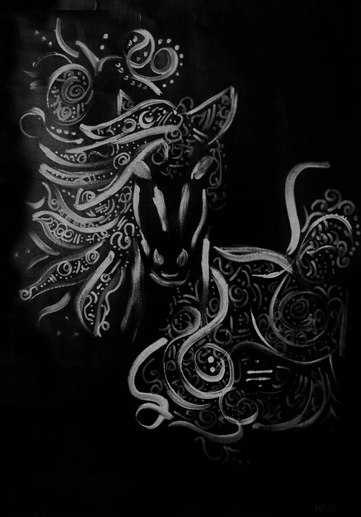 Radiana, Spirit of the Horse 2024 ©
420mm by 297mm approx, (A3) Paper Portrait, Eco Acrylics, Metallic Paint Pens, Digitalised Image