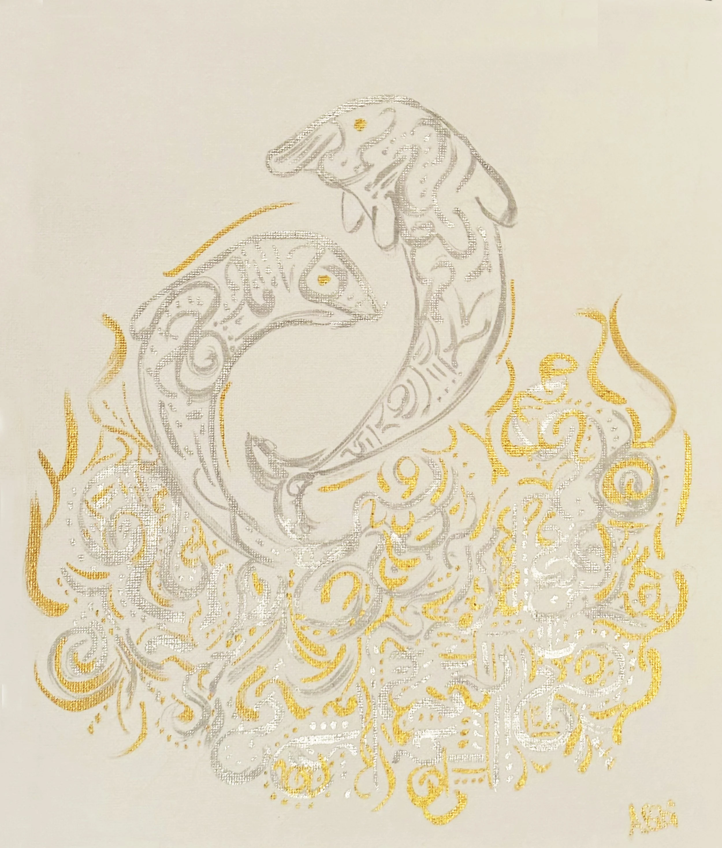 Dolphin Codes 2024 ©
Acid Free Canvas Paper, 250mm by 300mm, approx. Metallic Acrylic Ink, Pencil