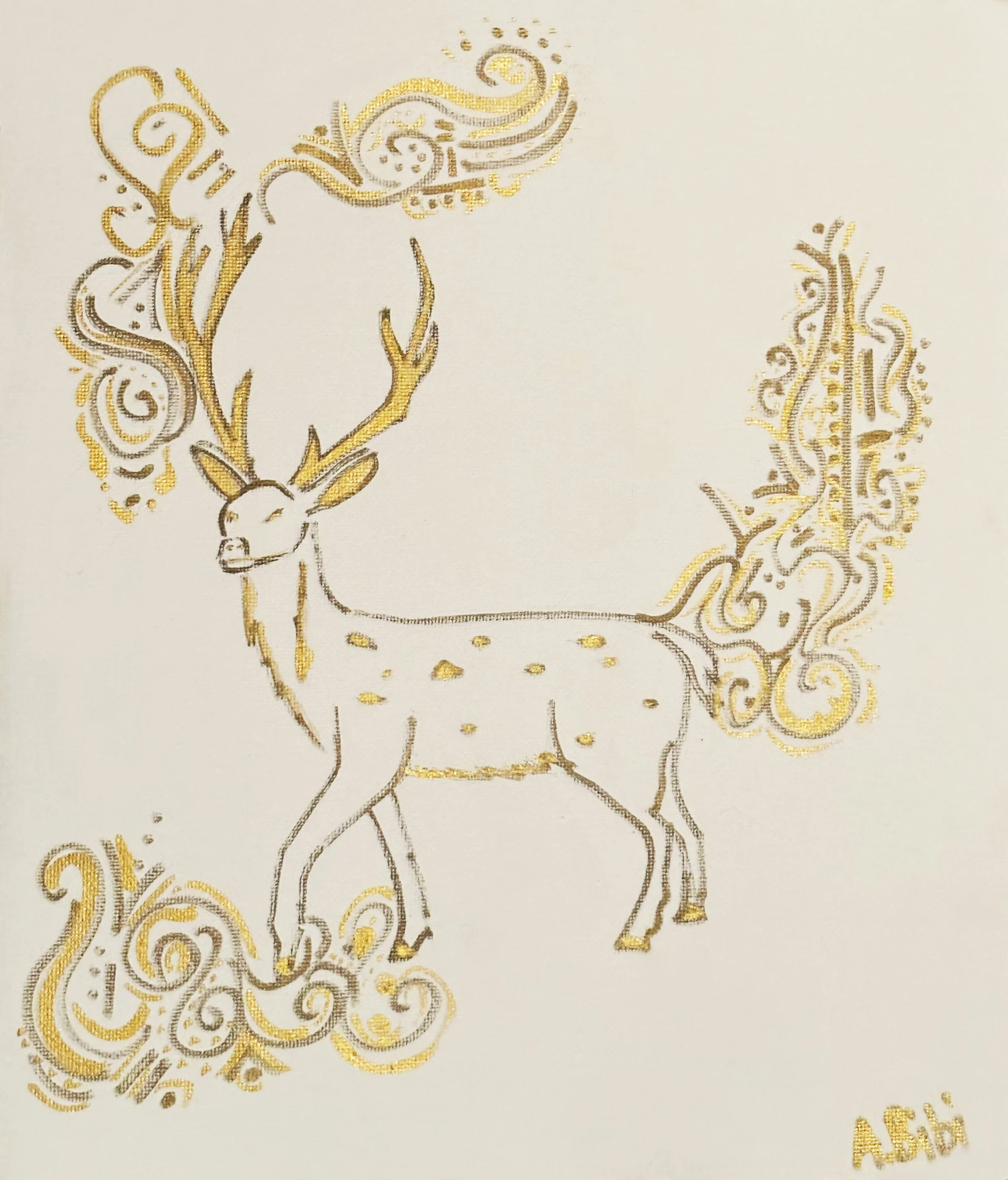 Daneepuralli Spirit of the Deer 2024 ©
Acid Free Canvas Paper, 250mm by 300mm, approx. Metallic Acrylic Ink, Pencil