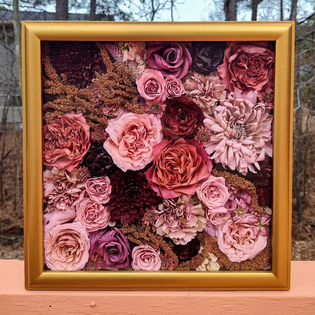 My favorite way to arrange these deconstructed shadowboxes is as if a flower bomb exploded inside the box. The amaranthus really creates that effect in this one, I think 😍

#potpourri #shadowbox #flowerpreservation #ncbride #driedflowers #howtoperfe