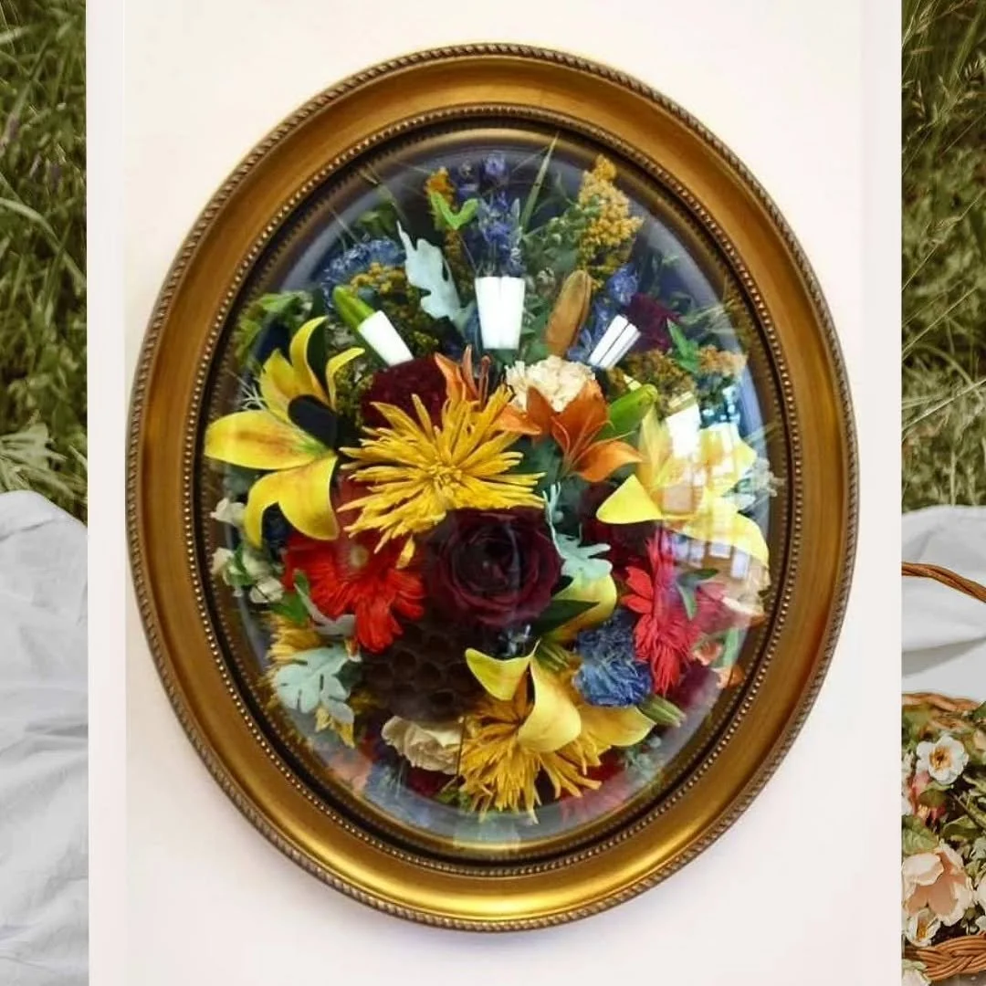 Spray recreation is so special to us! 

🎉There are a lot of ways to display sentimental flowers from your loved ones. Ovals have a domed glass which allows for a dimensional view of front and side angles.

Shadowboxes are unlimited, custom works tha
