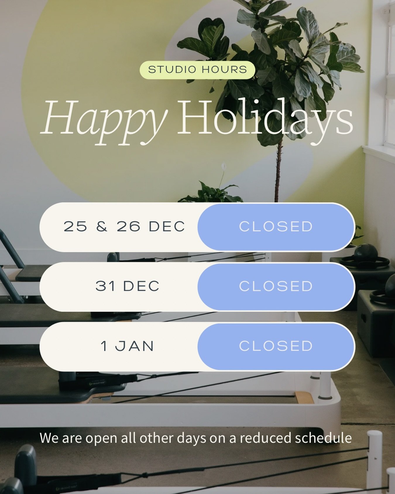 Holiday schedule update ✨

We&rsquo;ll be here to keep you moving throughout the festive season, with a reduced timetable so everyone (including our team!) can unwind, relax and recharge 😌

If you&rsquo;re going away and need to suspend your members