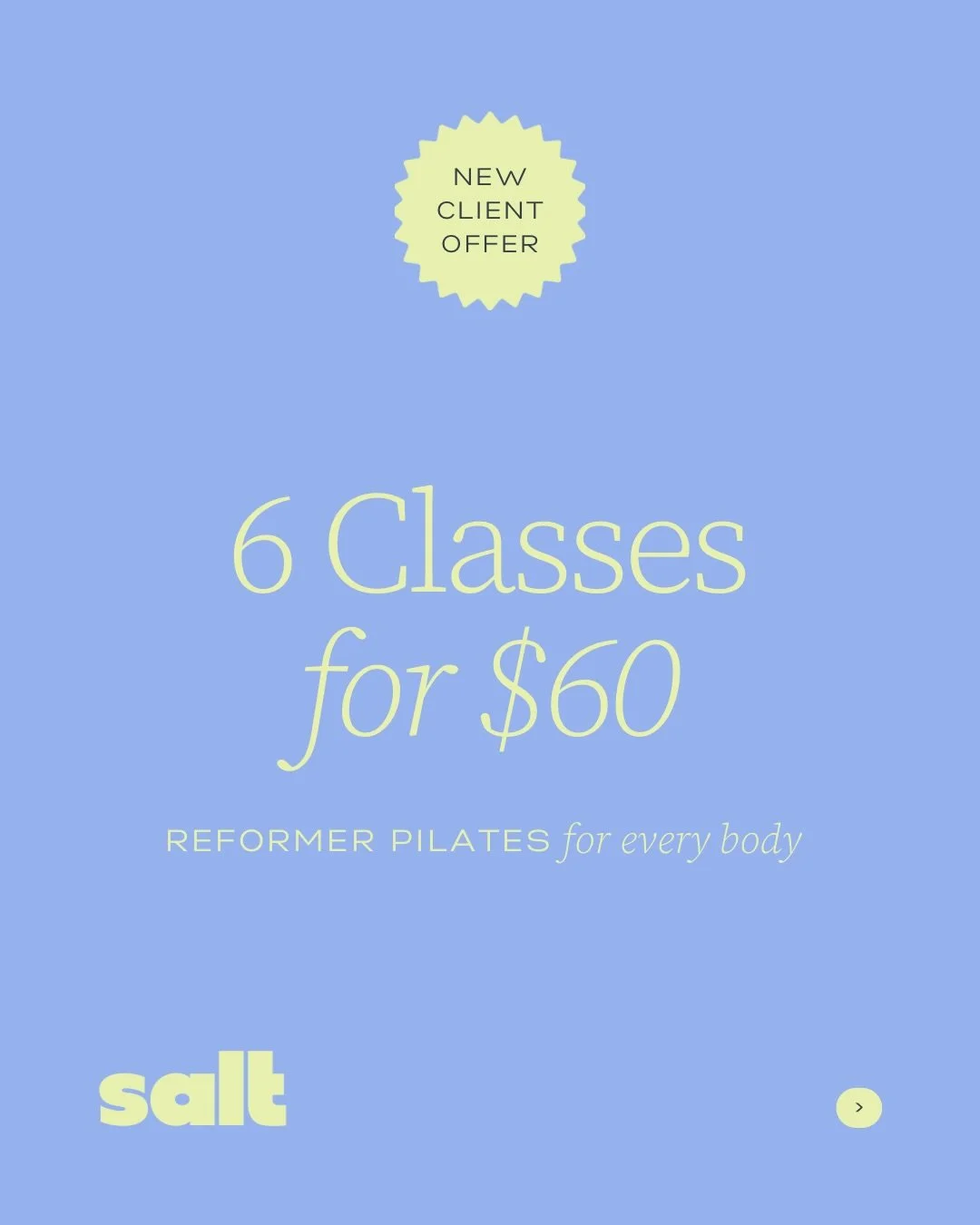 Thinking of trying reformer Pilates? We&rsquo;re here to help you kickstart your journey 💙

Try SALT with our 2-week intro offer! For just $10 a class, get to know our incredible instructors, classes and amazing community.&nbsp;

Head to the link in