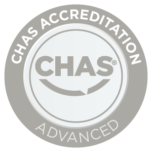Chas accreditation badge with circular gray design and text