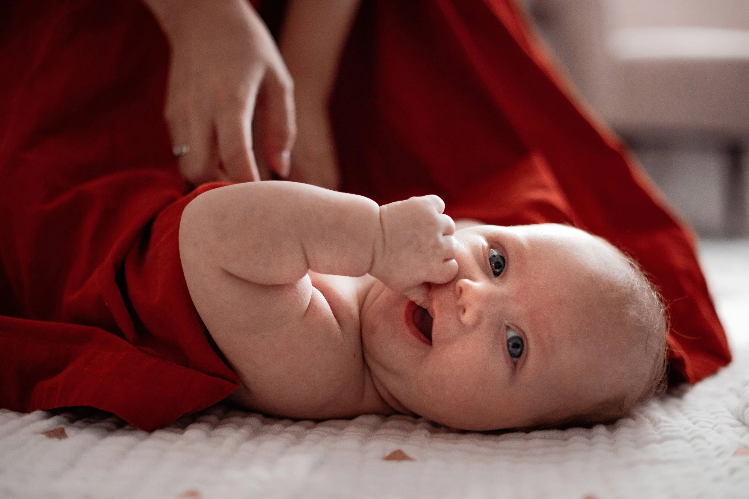 A portrait of a happy baby with his thumb in his mouth lying on a white blanket, covered in his mother's red dress.