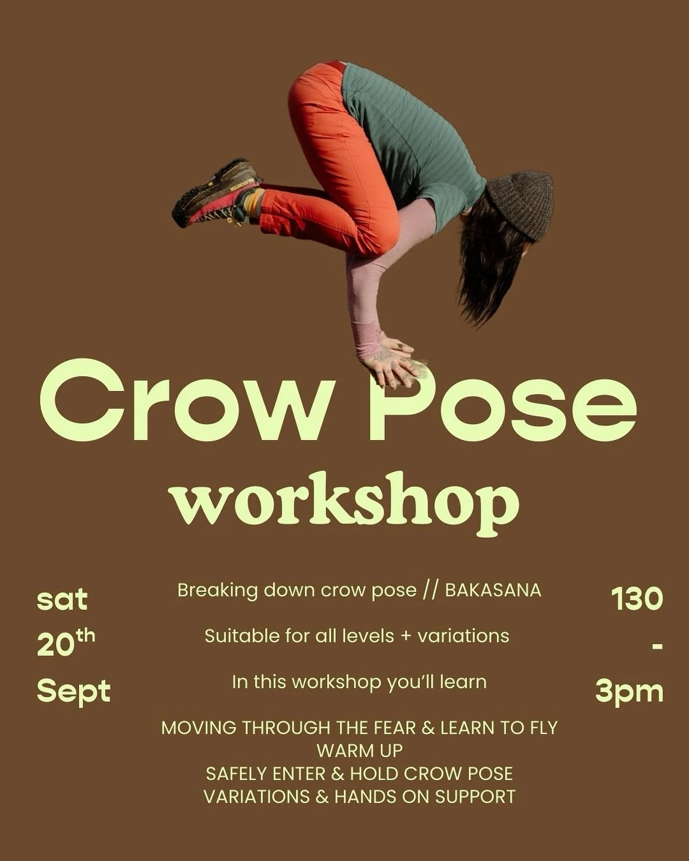 Crow Pose Workshop
🦅🦅🦅🦅🦅🦅🦅
Let&rsquo;s FLY!!

Saturday 20th September
1-330pm
&pound;22
welcome snack included 

Ever wondered how to lift your toes off the ground and float into crow pose? In this fun and supportive workshop, we&rsquo;ll brea