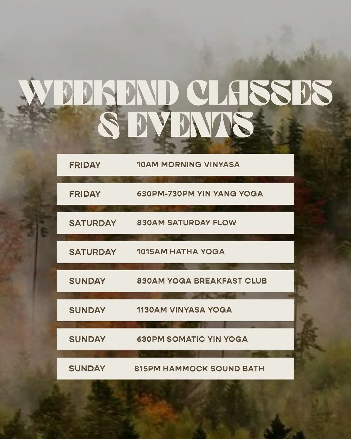 ✨ Weekend at the Studio ✨

When the weather outside is wild and grey, our cosy little studio is the perfect place to move, breathe, and reset🌧️💛

Here&rsquo;s what&rsquo;s on this weekend!

Come in from the storm, get cosy, and give yourself the gi