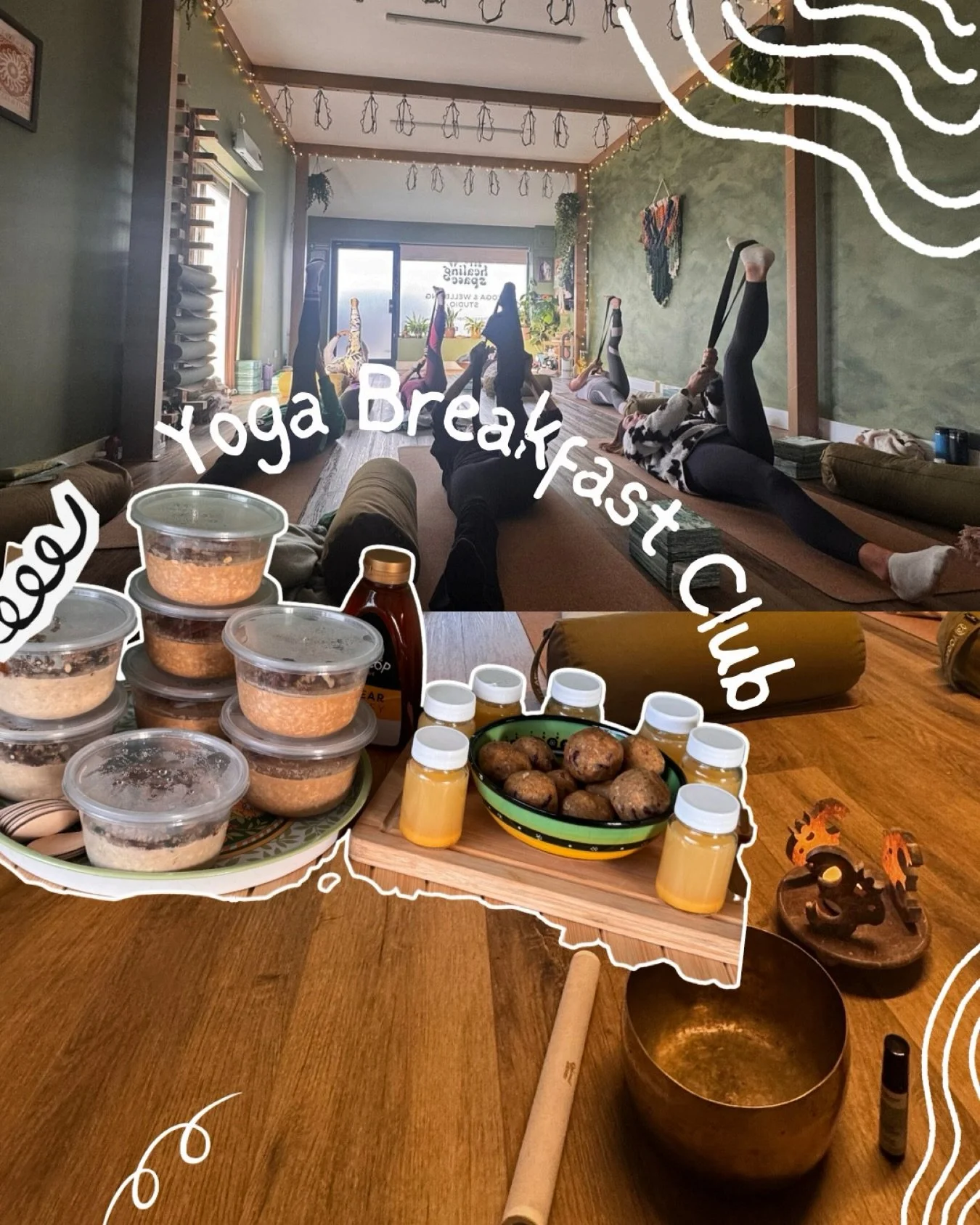 ☕️ 🍽️🧘&zwj;♀️ Yoga Breakfast Club 🧘&zwj;♀️🍽️☕️

Nourish your body from the outside in and the inside out ✨💛

We start the morning with a warming ginger &amp; turmeric shot and a yummy homemade energy ball, today&rsquo;s flavour was orange &amp; 