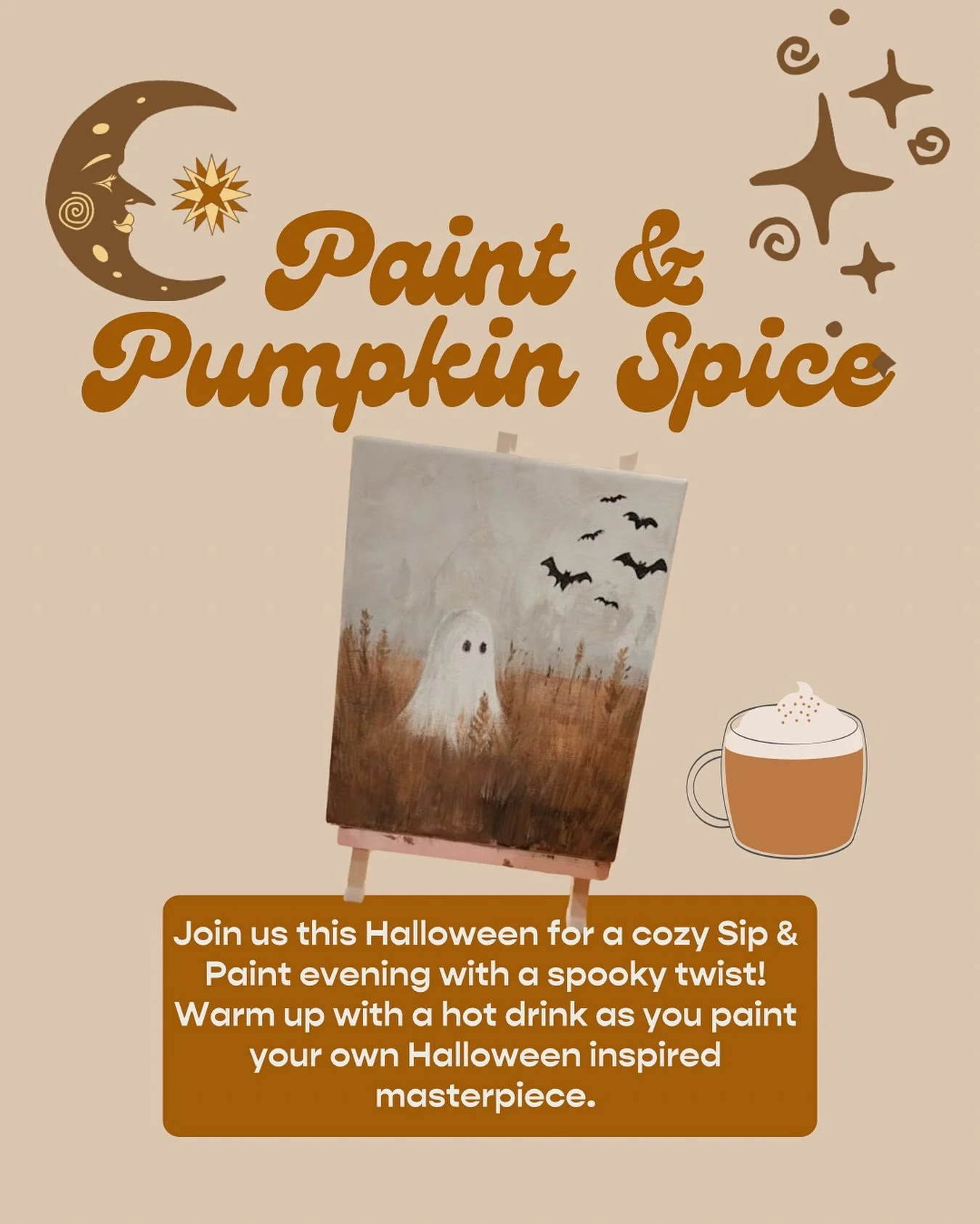 Hey Ghouls 👻✨

Come and join us for a wholesome evening of creativity, connection, and a super yummy pumpkin spice hot drink ☕️🎃

We&rsquo;ll gather for a cosy autumn night of painting a Halloween-inspired scene while we sip, snack, and natter. No 