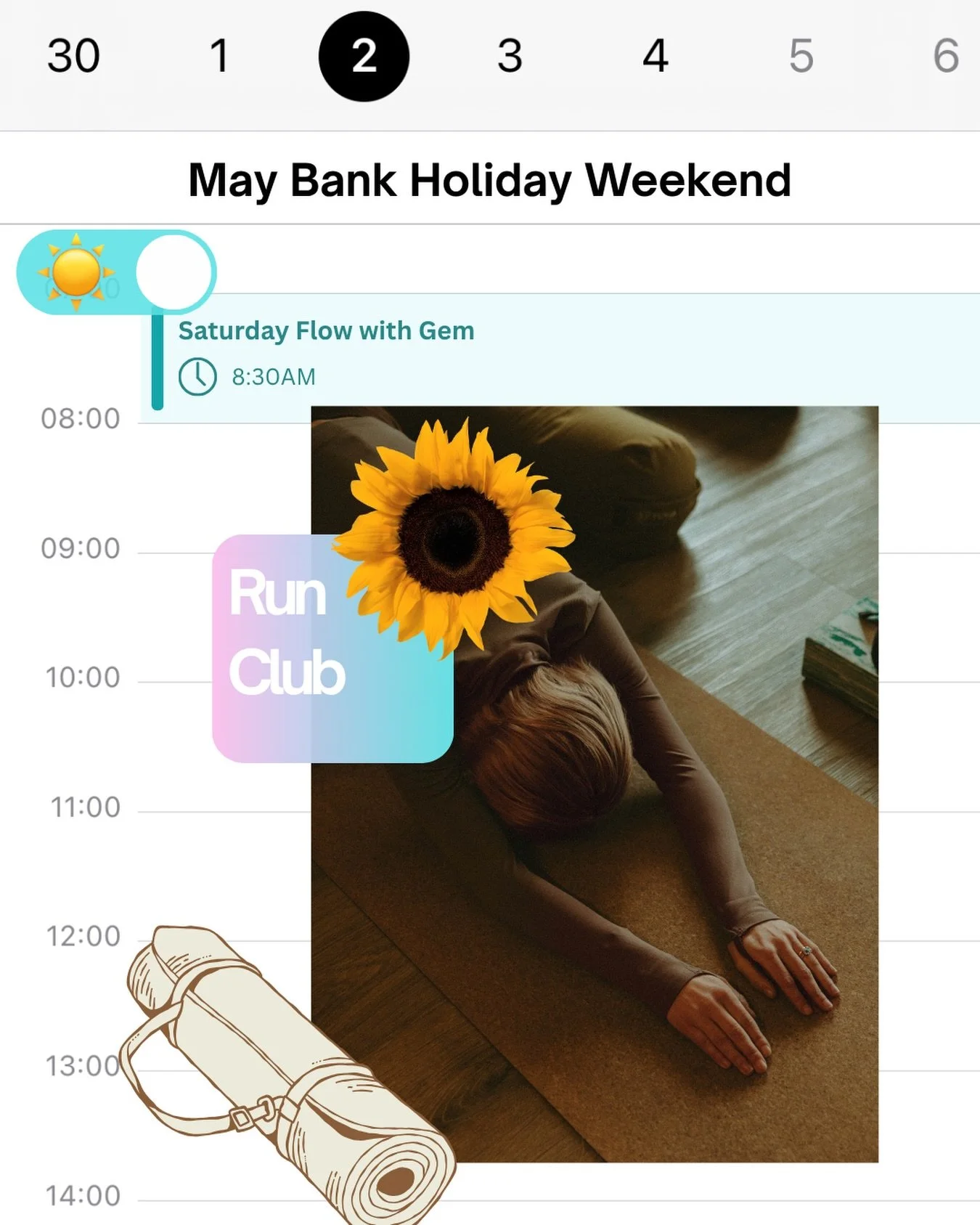 Who&rsquo;s coming to join us this beautiful sunny bank holiday weekend? 

The schedule is packed, come for a hour of calm, to move, regroup &amp; pop for a coffee and sweet treat afterwards of course ☺️

Saturday flow, Hatha, Run club, Mellow flow, 