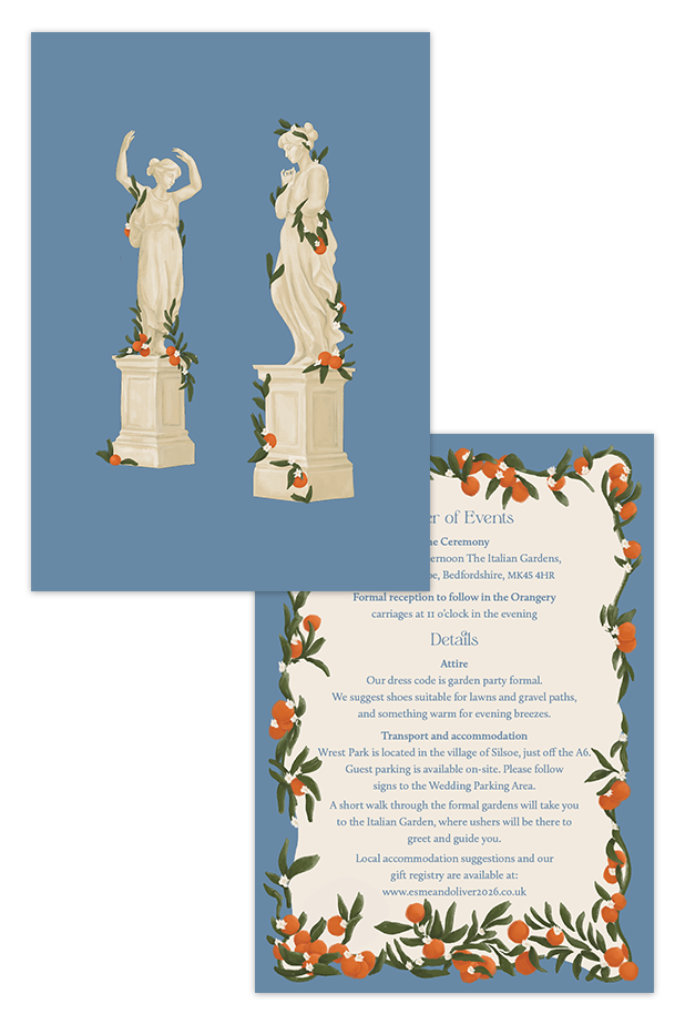 Digital layout of the front and reverse sides of the Orangery wedding details card, showcasing the classical statue illustrations alongside the typeset order of events.
