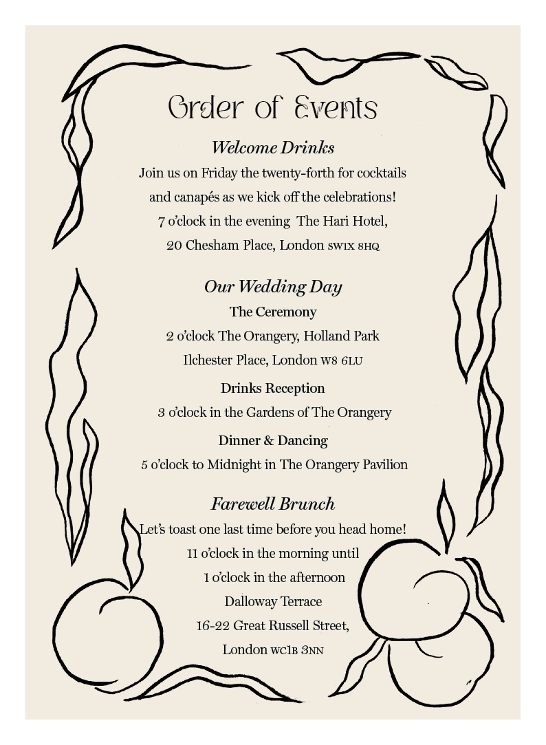 Digital file of the Tulips wedding details card reverse side, showing an order of events expertly typeset within a minimalist black ink border of botanical leaves and fruit.