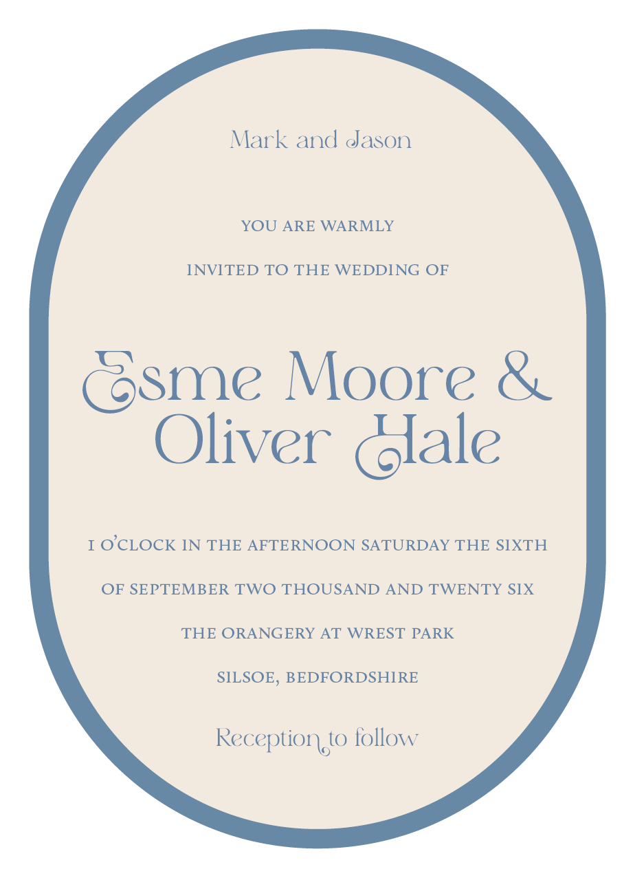 Digital file of the double-arched Orangery wedding invitation reverse side, showing the formal wedding details expertly typeset in a romantic blue typeface with a clean border.