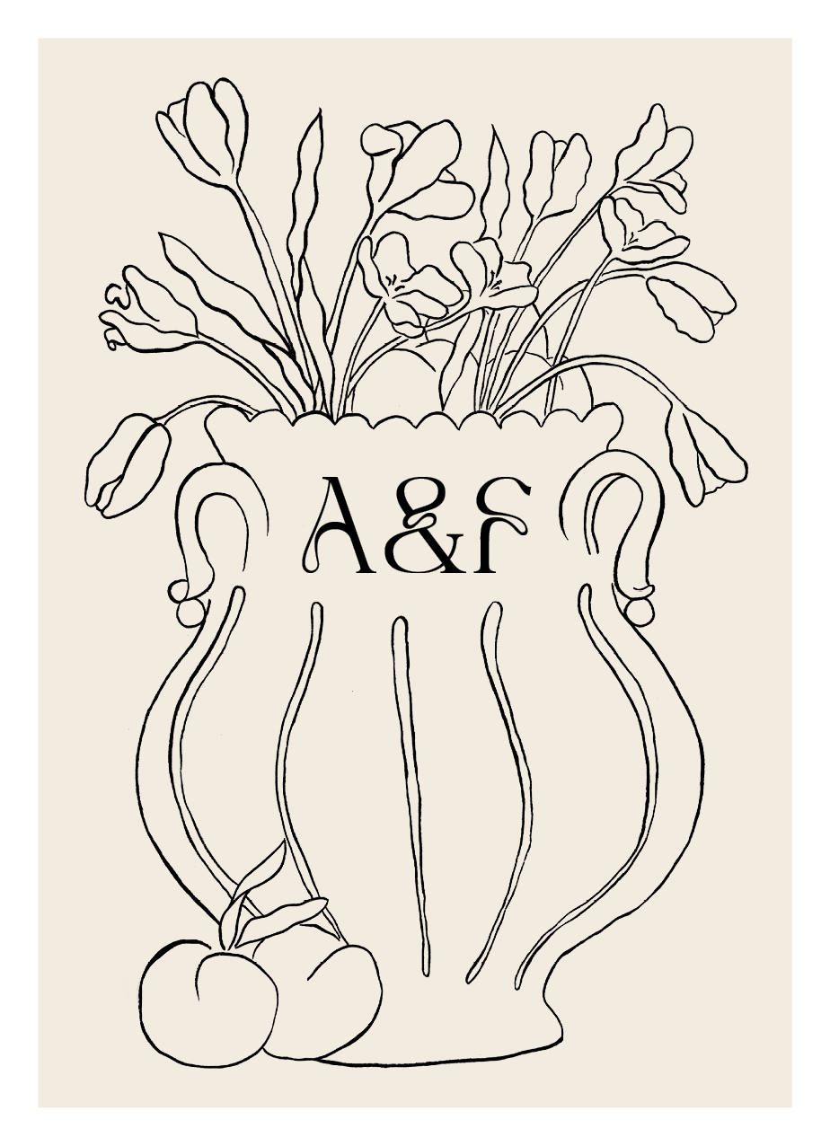 Digital mockup of the Tulips wedding invitation front, featuring a bold monochromatic black ink illustration of a decorative vessel and tulips with a personalised monogram center.