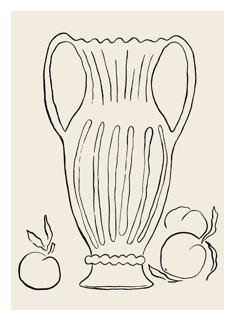 Digital file of the Tulips wedding details card front, showing a striking black acrylic ink illustration of a classical-style ceramic vessel surrounded by scattered fruit.