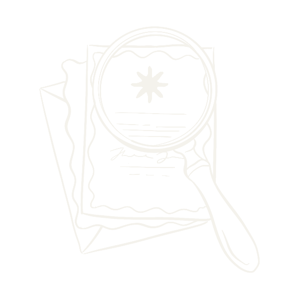 A white line illustration of a magnifying glass examining a wedding invitation card, representing choosing a semi-custom design collection.