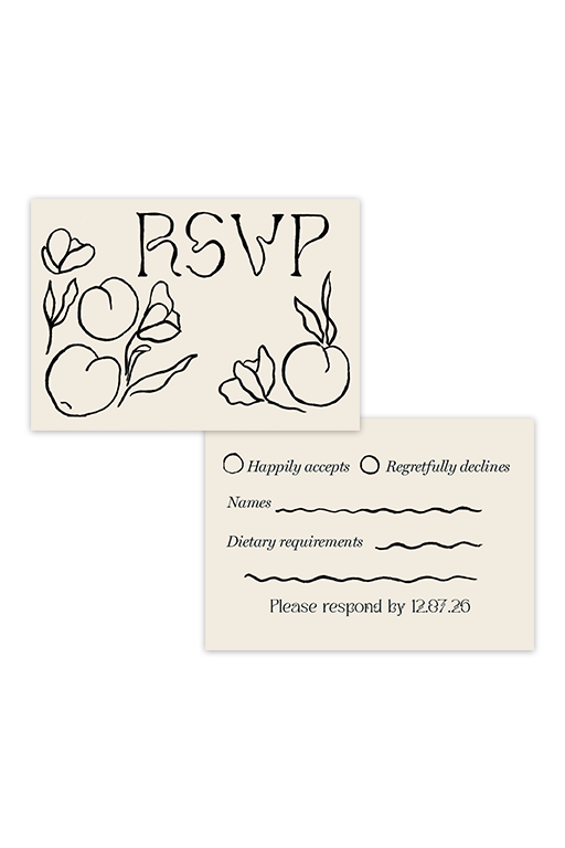 Digital layout of the Tulips wedding RSVP card front and back, highlighting the monochromatic black ink illustrations of tulips, fruit, and elegant guest response fields.