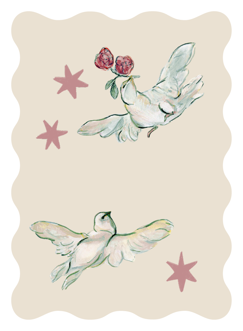 Digital file of the Coquette wedding details card front, showcasing a cream background decorated with whimsical pink stars and illustrated gouache lovebirds carrying roses.