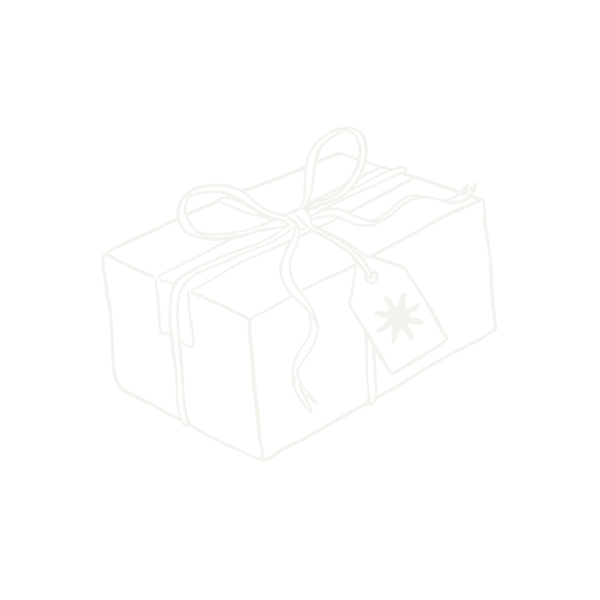 White line illustration of a beautifully tied parcel box with a bow and tag, representing your completed wedding stationery being safely delivered.