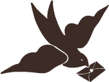 A whimsical illustrated motif of a flying bird carrying a letter