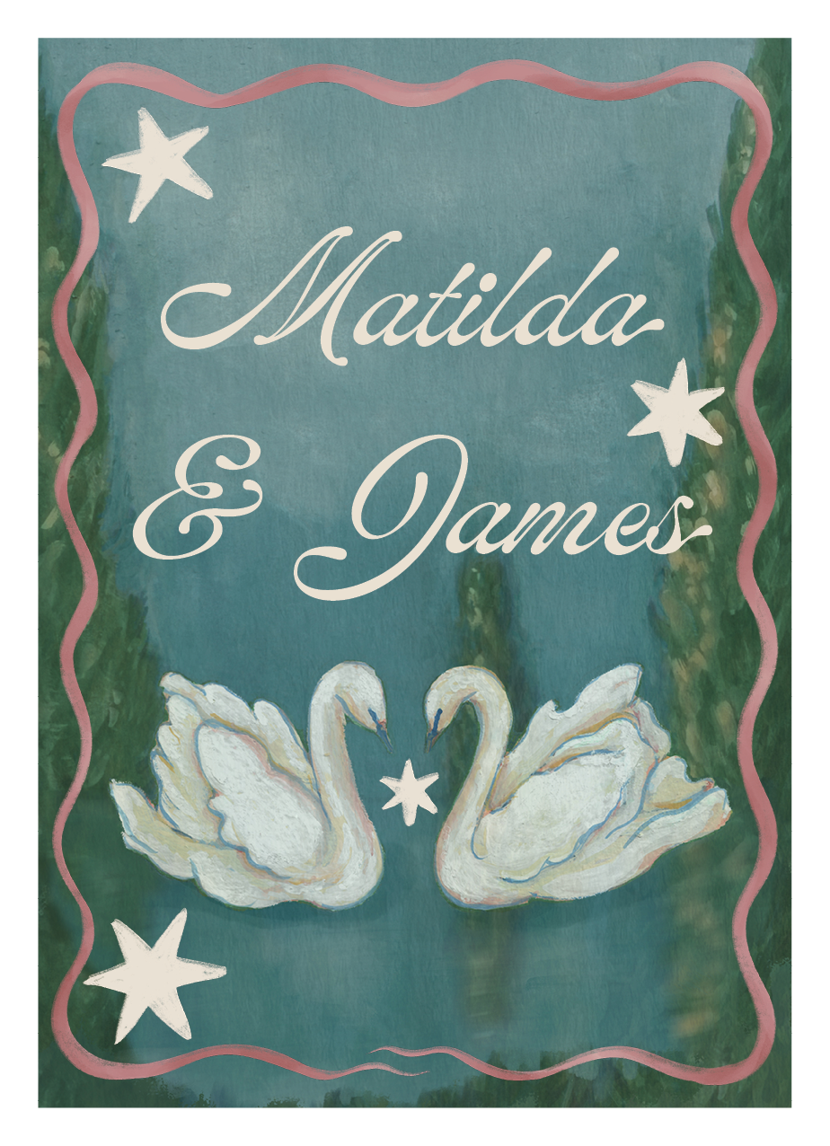 Digital file of the Coquette wedding invitation front, featuring a hand-painted gouache scene of swans on a lake, framed by whimsical ribbons, stars, and a lush garden scene.