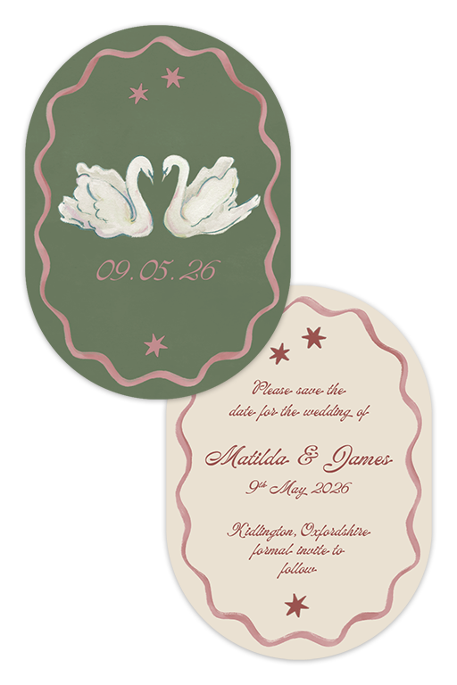 Digital flat lay of the Coquette wedding Save the Date card front and back, featuring hand-painted swans, a signature wavy ribbon border, and an elegant, whimsical font choice.