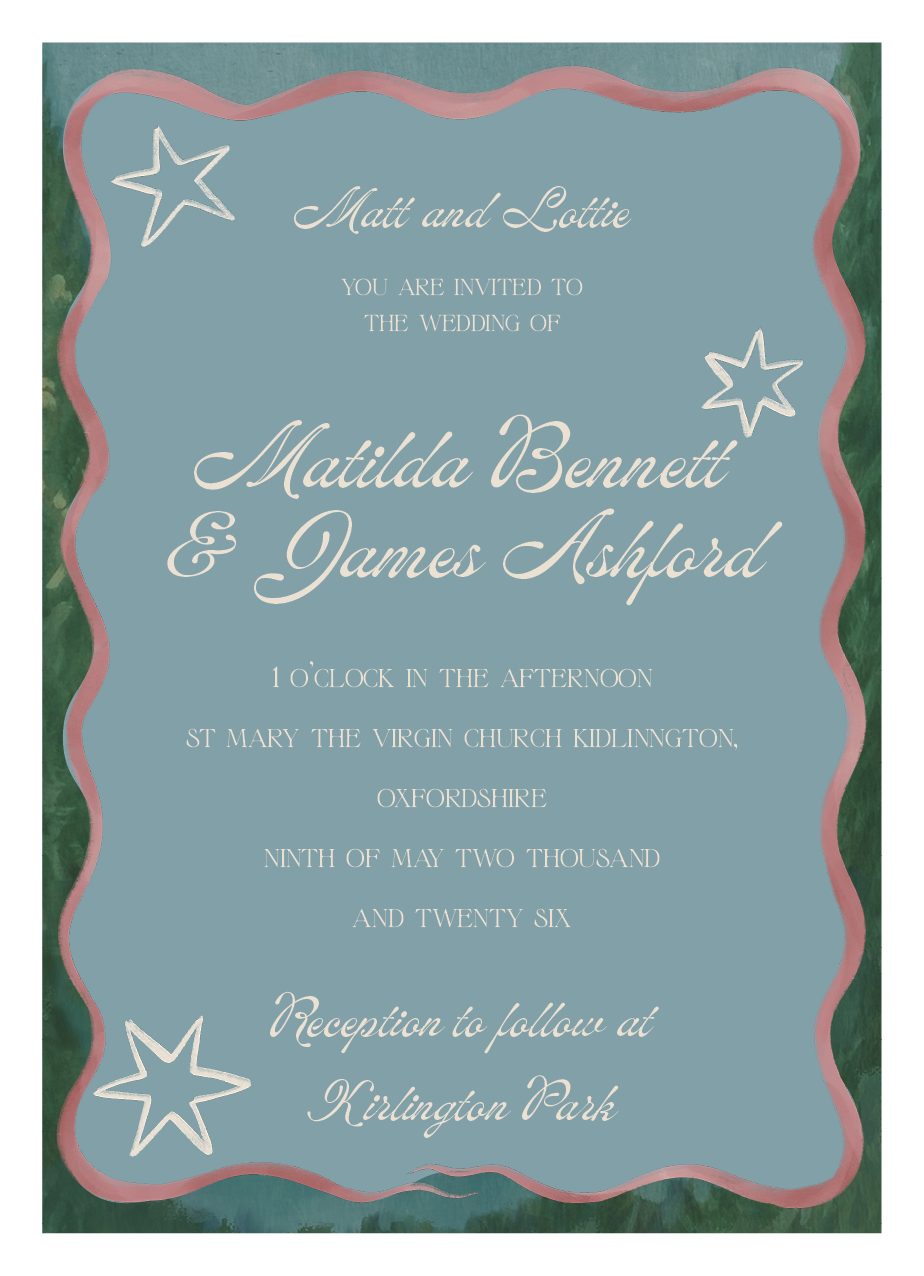 Digital file of the Coquette wedding invitation reverse side, showing the formal wedding details typeset against a soft blue background framed by a wavy pink border and stars.