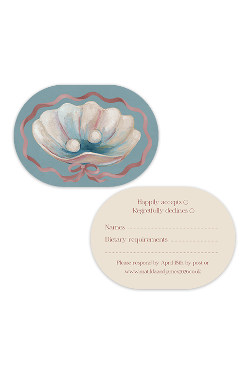 Digital layout of the double-arched Coquette wedding RSVP card front and back, featuring a pastel gouache shell centerpiece, wavy ribbon border, and response fields.